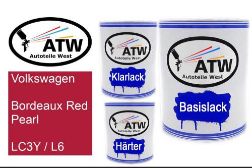 Volkswagen, Bordeaux Red Pearl, LC3Y / L6: 1L Lackdose + 1L Klarlack + 500ml Härter - Set, von ATW Autoteile West.